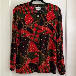 Vintage 90s Rayon Equestrian Shirt / Top / Cardigan / Jacket / Blouse